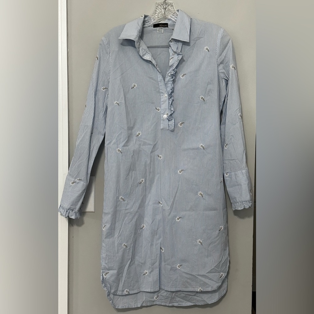 XS Renuar Shirt dress- Blue & white pinstripes with dandelion